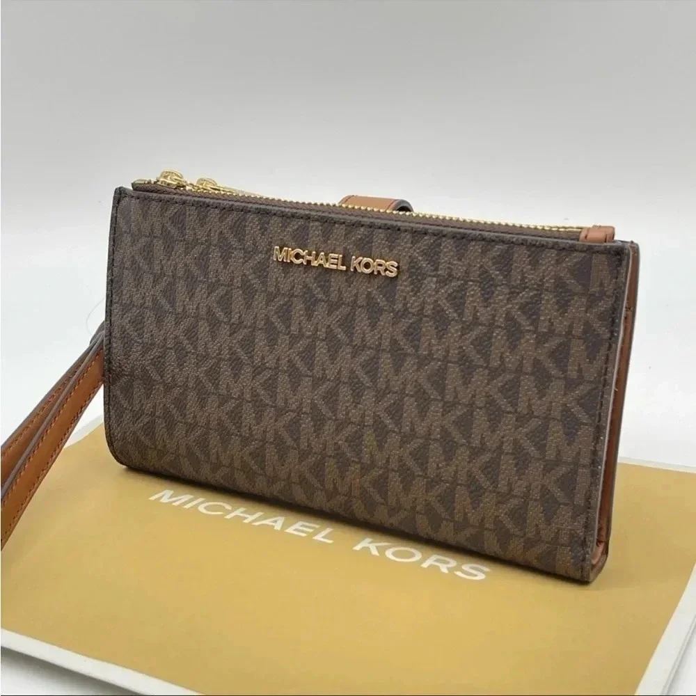 Michael Kors Large Double Zip Wallet Wristlet Leather Rich Brown
